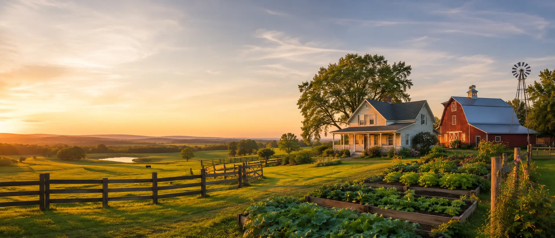 Peaceful farmstead with vegetable beds, a farmhouse, and a barn at sunset